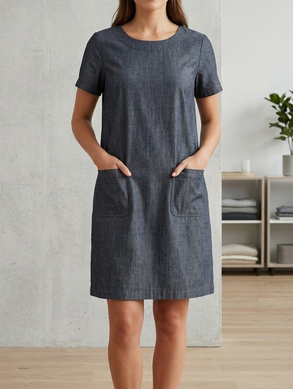 Boden denim chambray shift dress, neon zipper, size 10R